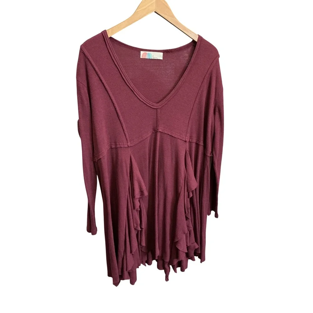 Free People Beach Womens Small Ruffle Tunic Top Long Sleeve Berry Wine V-Neck - Picture 9 of 9